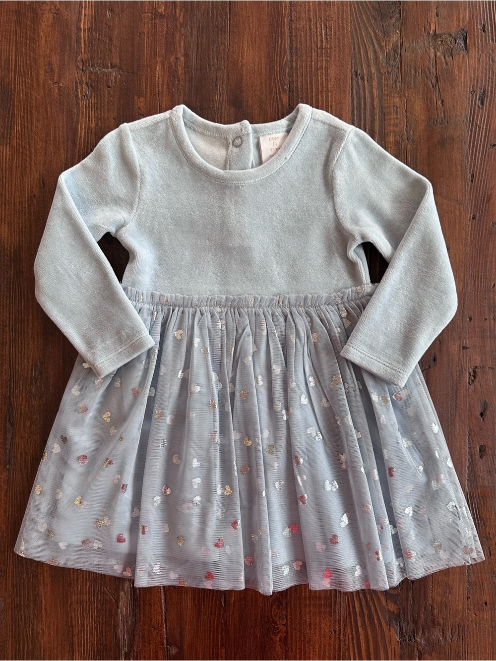 Girls Light Blue Long-Sleeve Velour Silver Heart Tulle Lined Dress Size 9 months